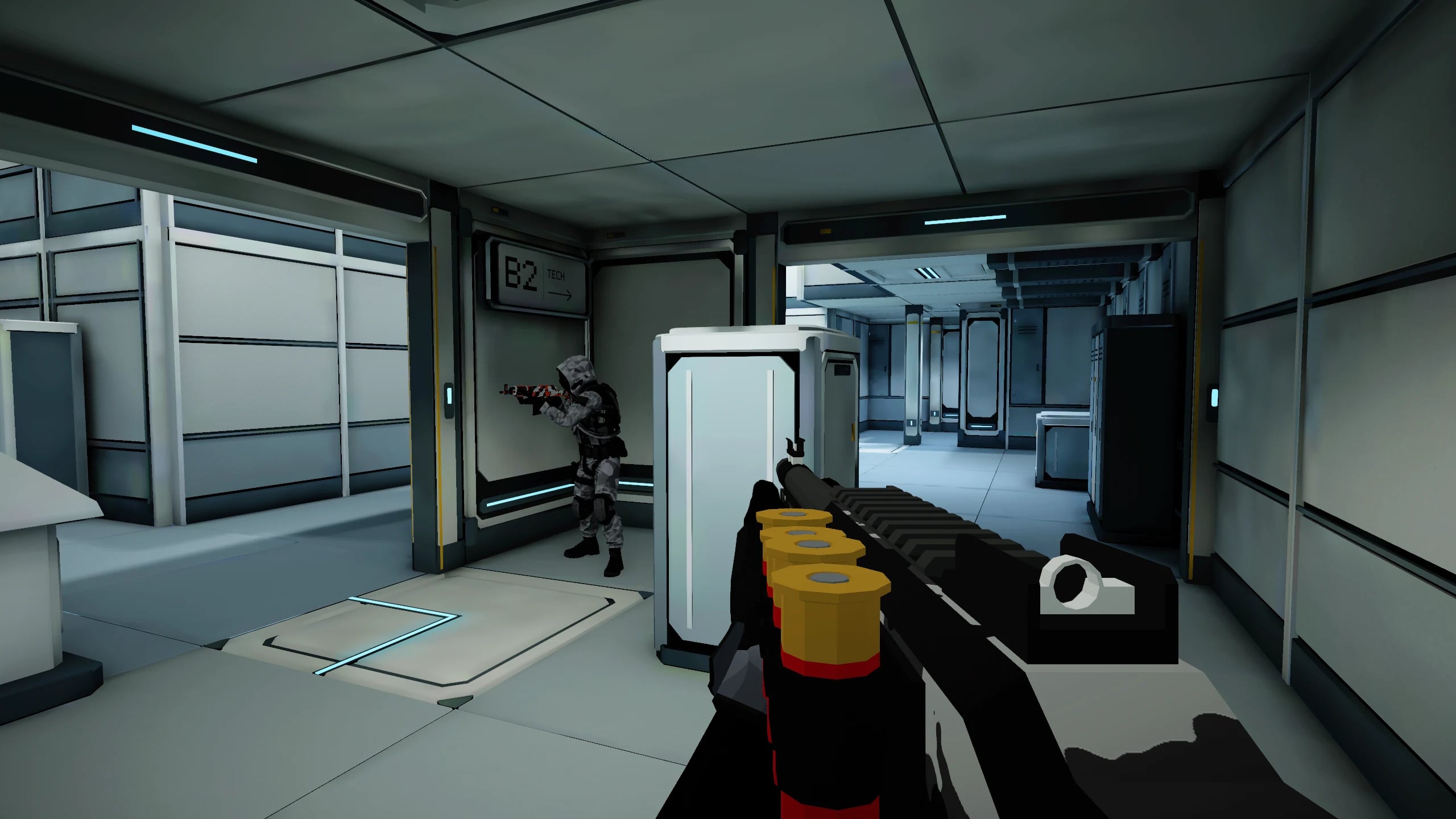 First-person view with a shotgun, facing an opponent standing in front of door B2 at spawn B