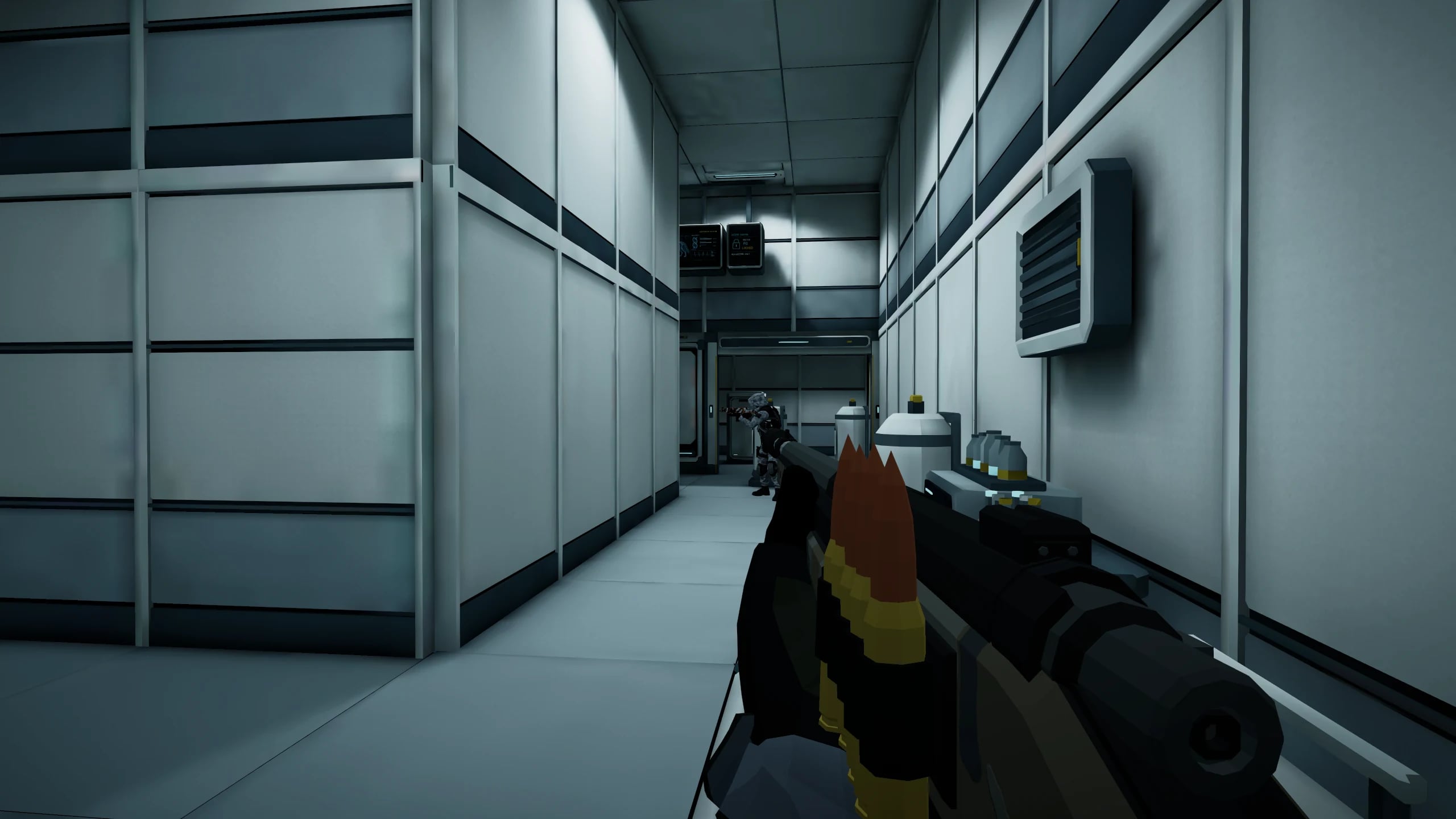 Fusil de précision en vue à la première personne, dans le long couloir clinique du hall A