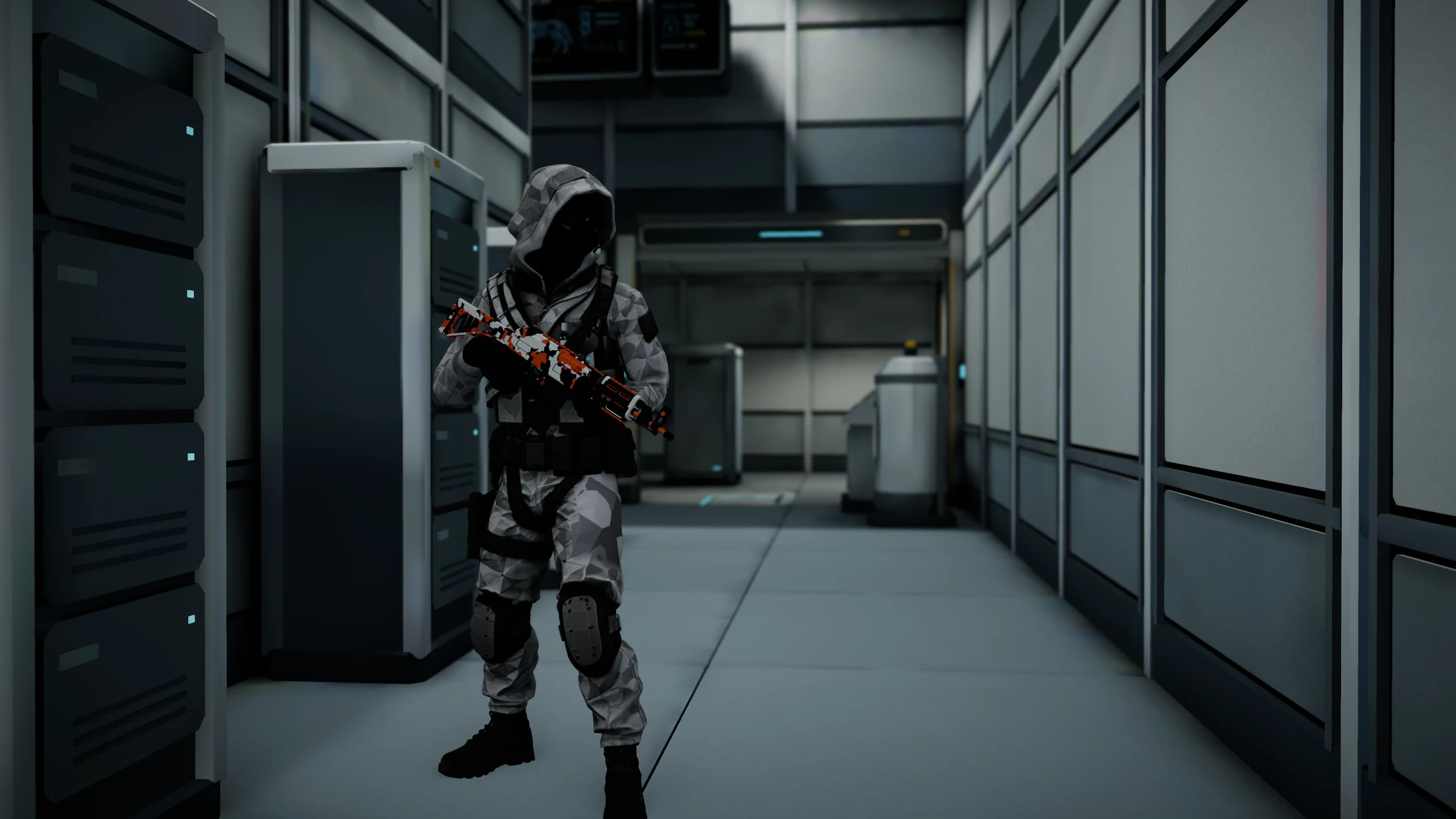 PHANTOM operator, rifle in hand, in the Laboratory’s server rack corridor